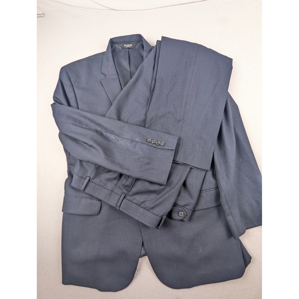 Jos A Bank Traveler Men Navy Blue 100% Wool Micro Check Suit 48R 43W Regular